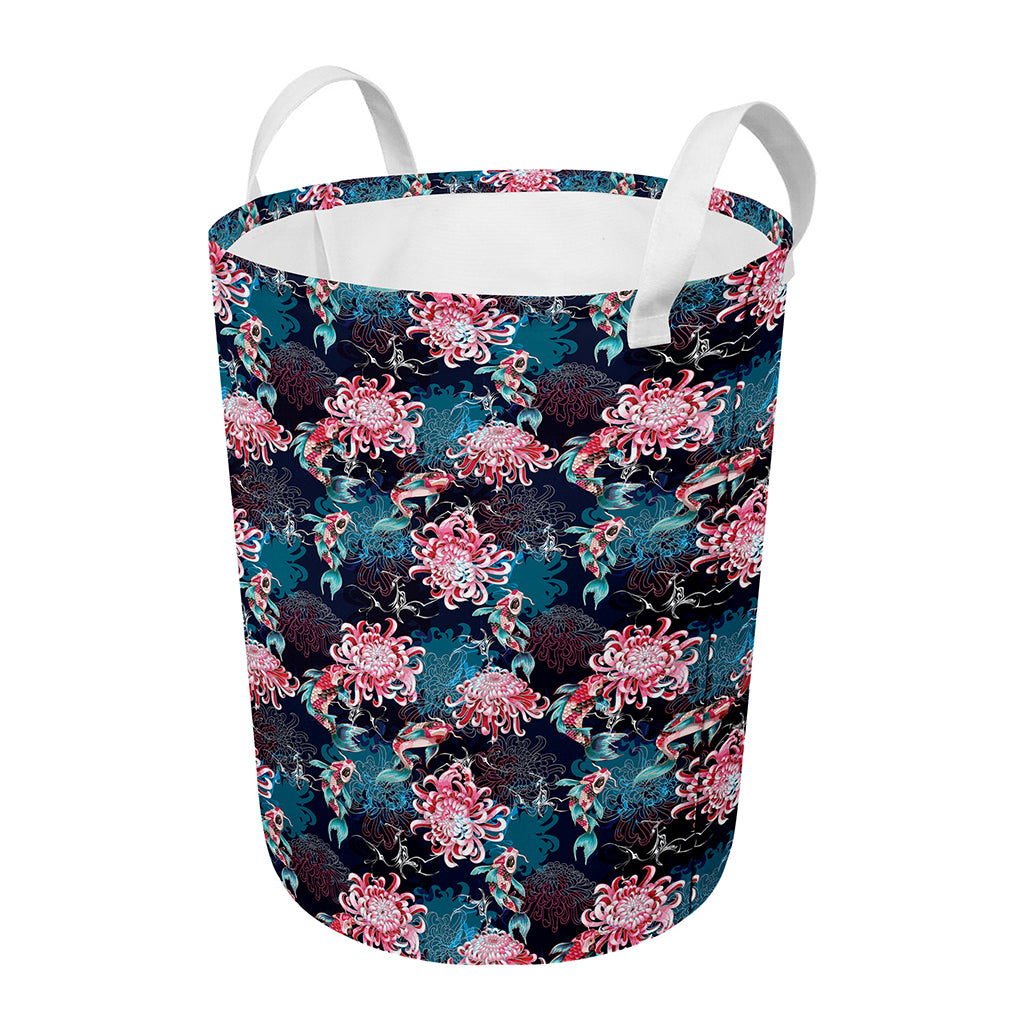 Japanese Koi And Chrysanthemums Print Round Laundry Basket