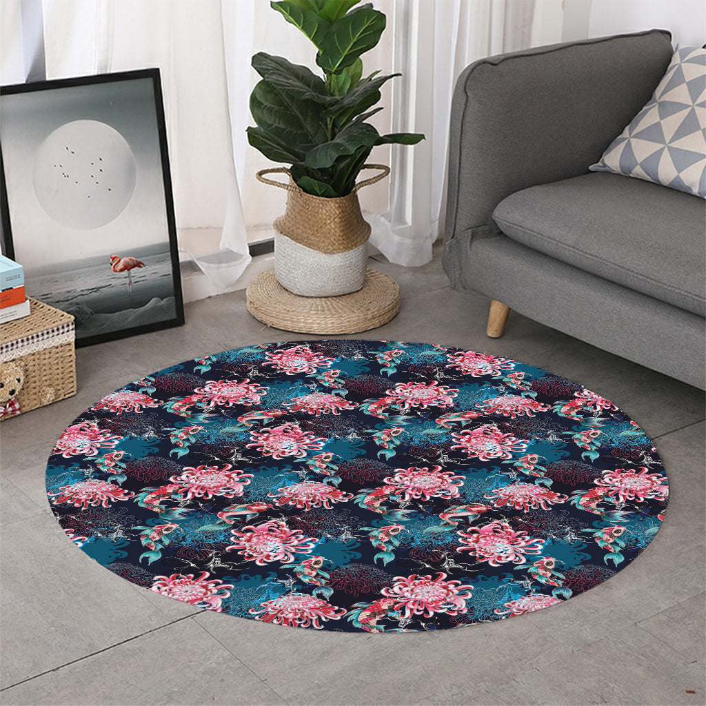 Japanese Koi And Chrysanthemums Print Round Rug