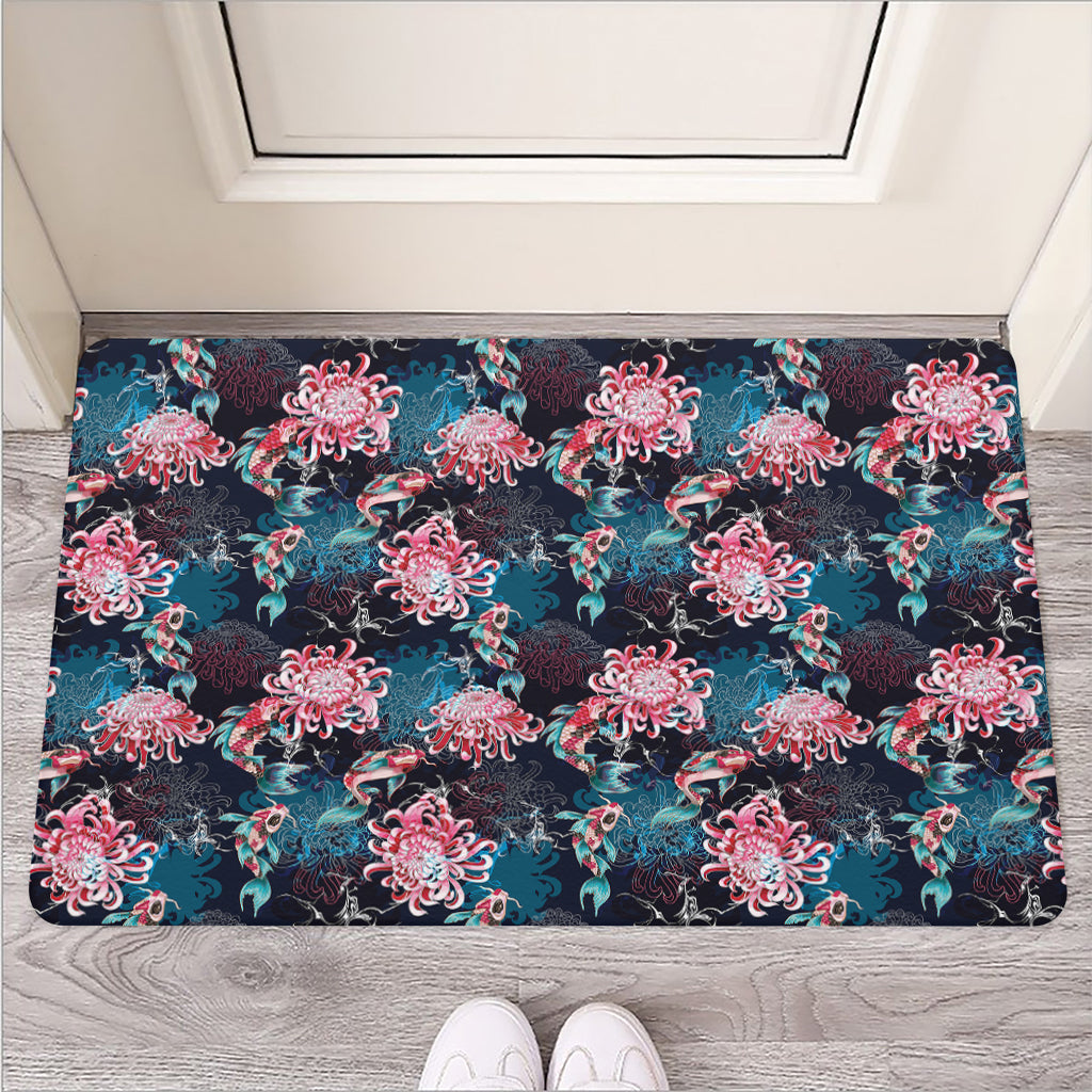 Japanese Koi And Chrysanthemums Print Rubber Doormat