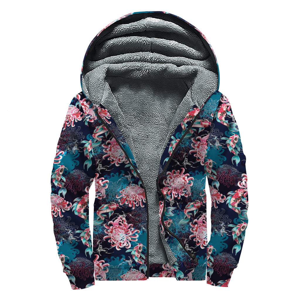 Japanese Koi And Chrysanthemums Print Sherpa Lined Zip Up Hoodie