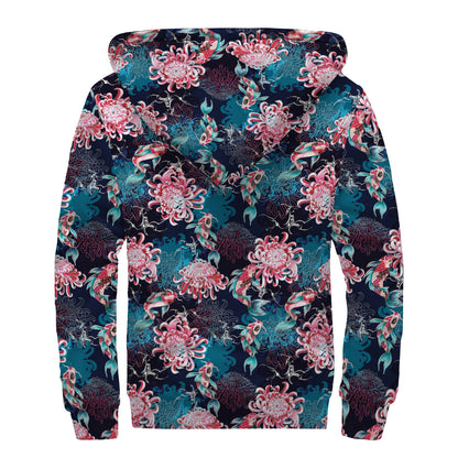 Japanese Koi And Chrysanthemums Print Sherpa Lined Zip Up Hoodie