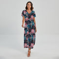 Japanese Koi And Chrysanthemums Print Short Sleeve Maxi Dress