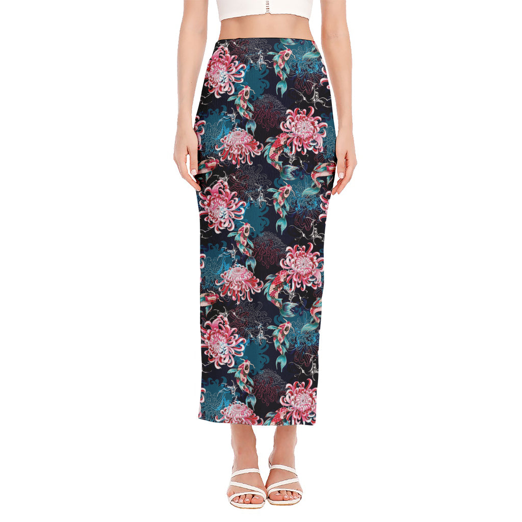 Japanese Koi And Chrysanthemums Print Side Slit Maxi Skirt