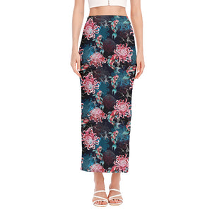 Japanese Koi And Chrysanthemums Print Side Slit Maxi Skirt