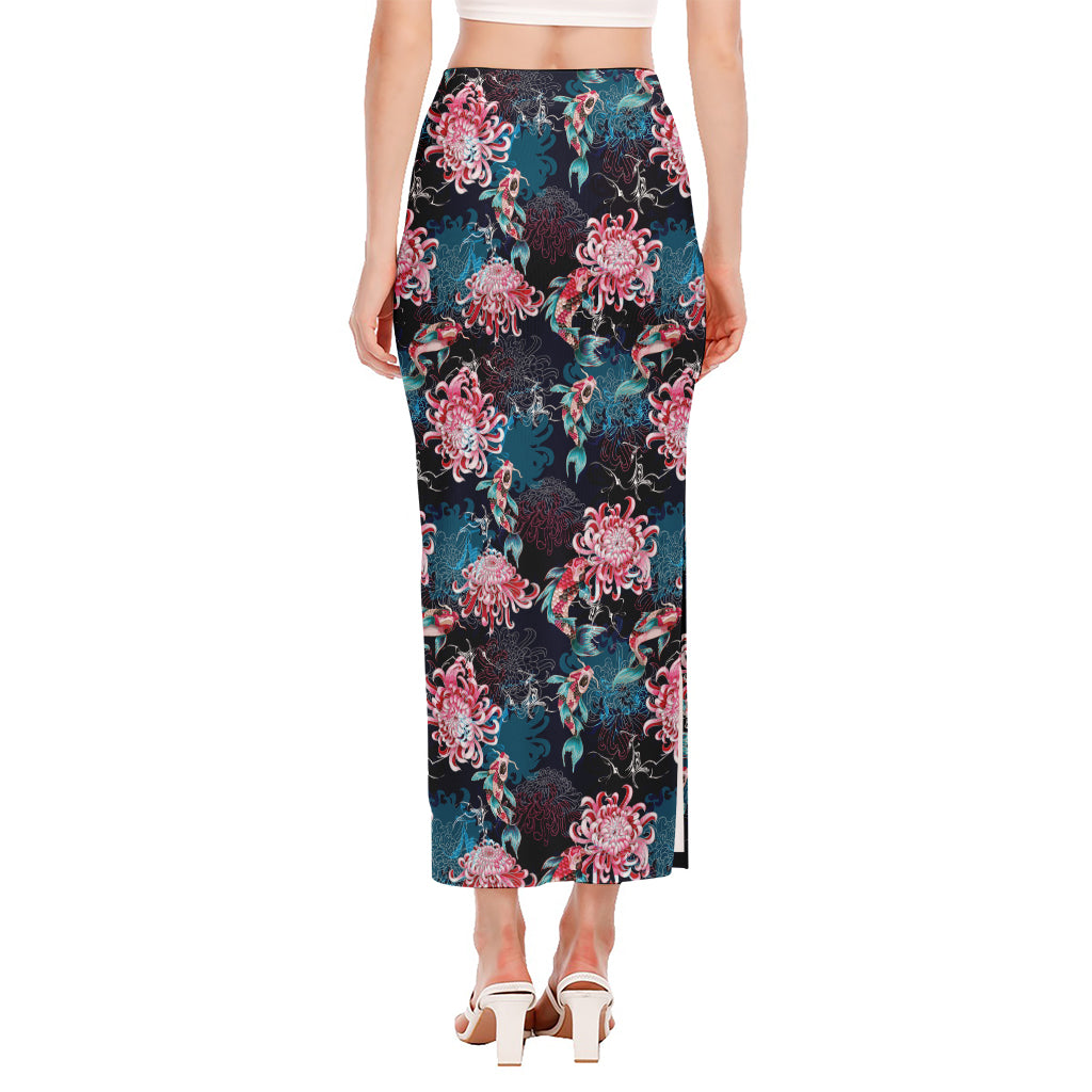 Japanese Koi And Chrysanthemums Print Side Slit Maxi Skirt