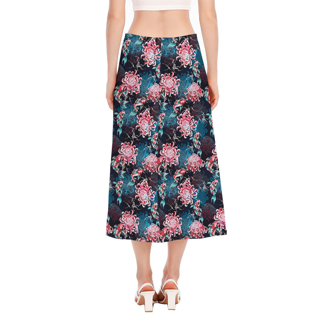 Japanese Koi And Chrysanthemums Print Side Slit Midi Skirt