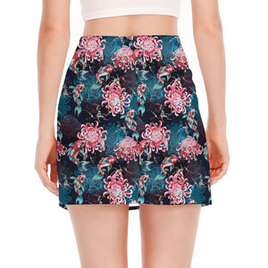 Japanese Koi And Chrysanthemums Print Side Slit Mini Skirt