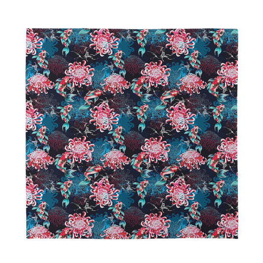 Japanese Koi And Chrysanthemums Print Silk Bandana