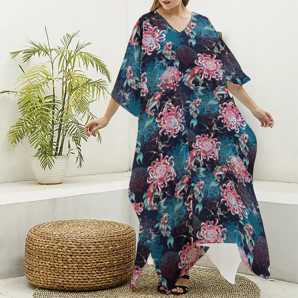 Japanese Koi And Chrysanthemums Print Silk V-Neck Kaftan Dress