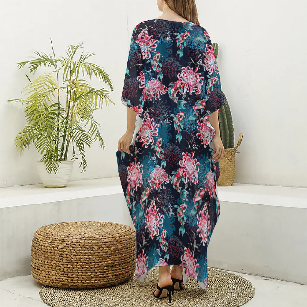 Japanese Koi And Chrysanthemums Print Silk V-Neck Kaftan Dress