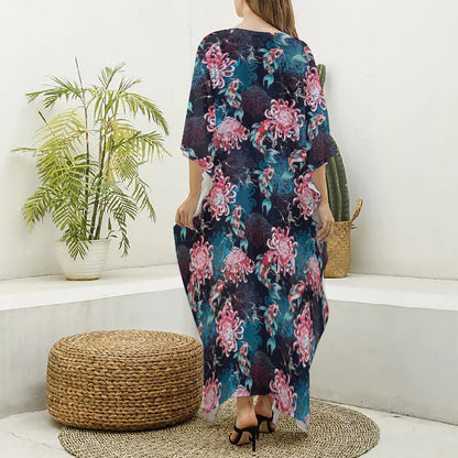 Japanese Koi And Chrysanthemums Print Silk V-Neck Kaftan Dress