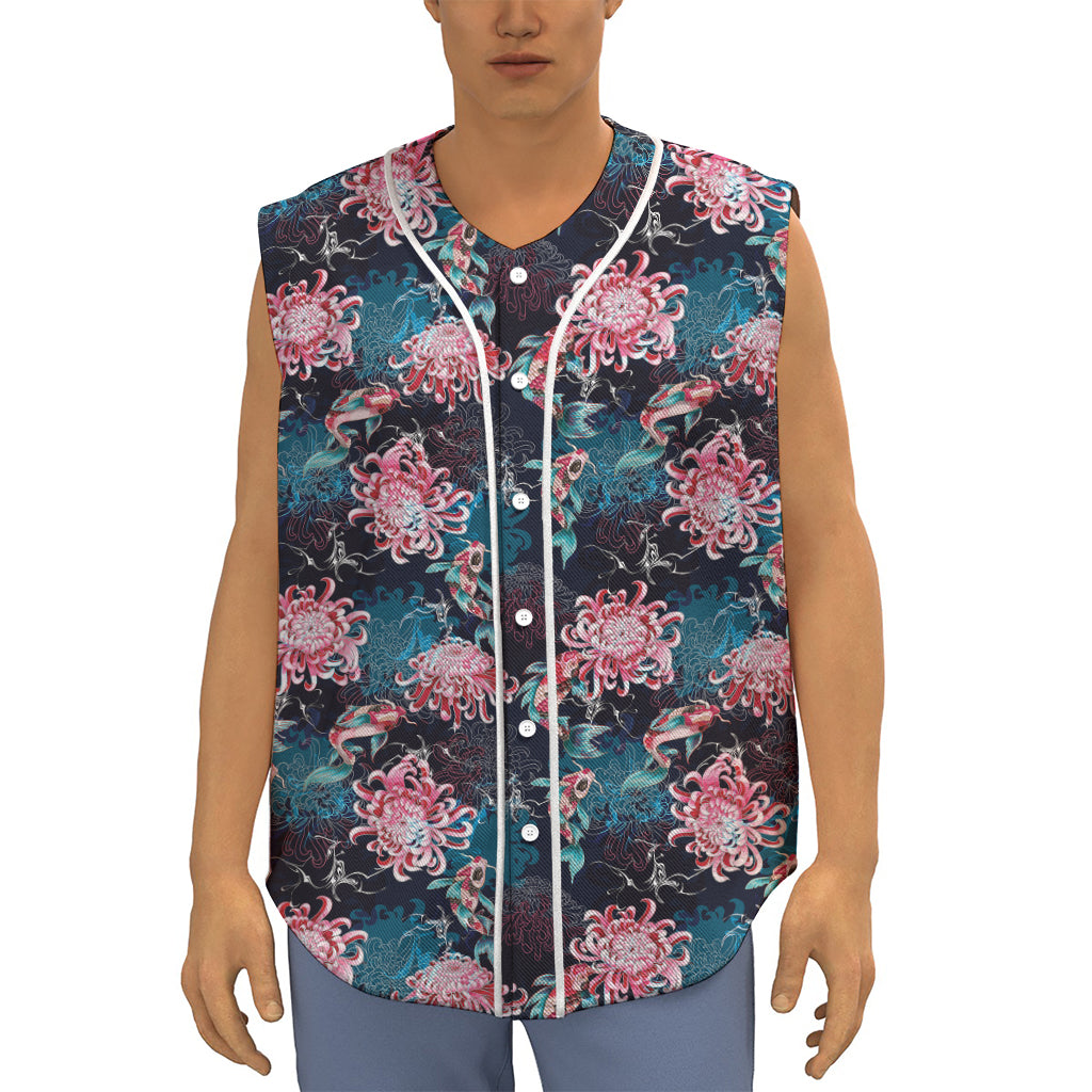 Japanese Koi And Chrysanthemums Print Sleeveless Baseball Jersey