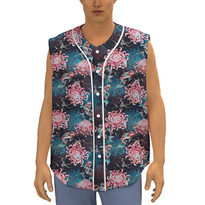 Japanese Koi And Chrysanthemums Print Sleeveless Baseball Jersey