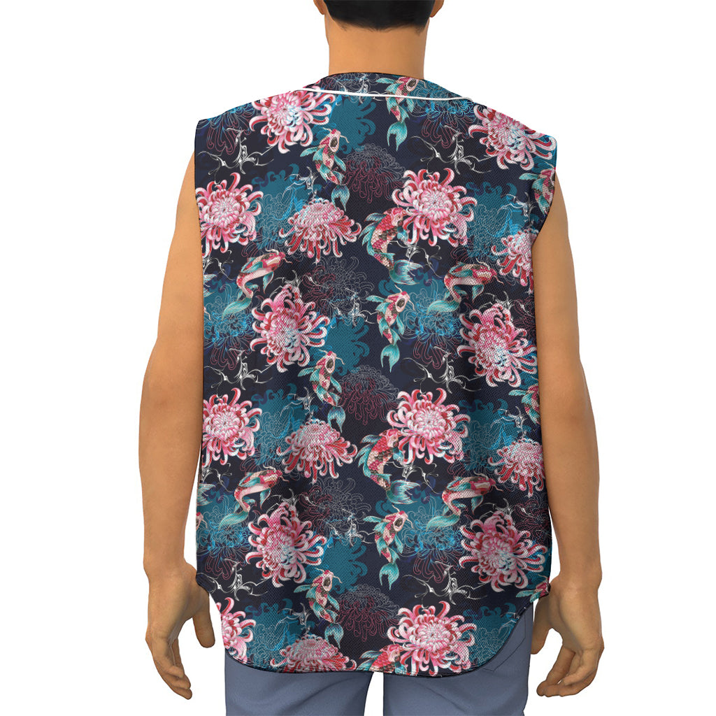 Japanese Koi And Chrysanthemums Print Sleeveless Baseball Jersey