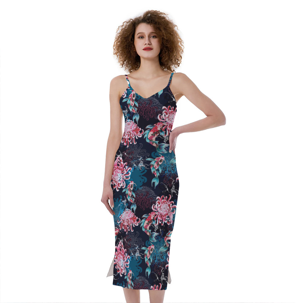 Japanese Koi And Chrysanthemums Print Slim Fit Midi Cami Dress