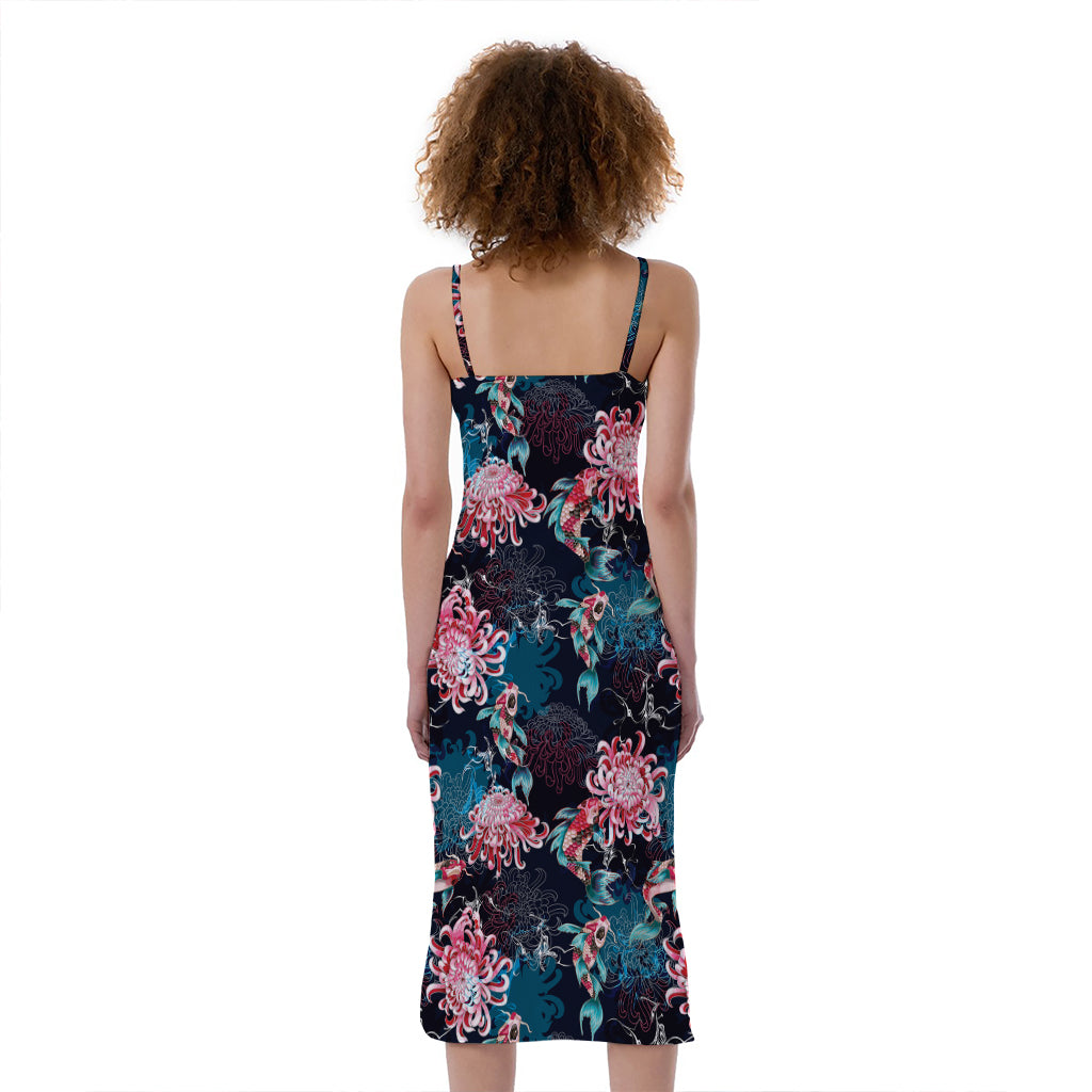 Japanese Koi And Chrysanthemums Print Slim Fit Midi Cami Dress