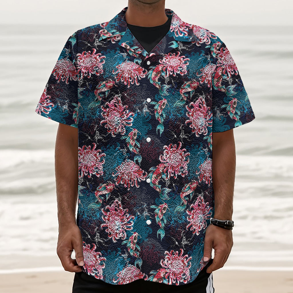 Japanese Koi And Chrysanthemums Print Textured Short Sleeve Shirt
