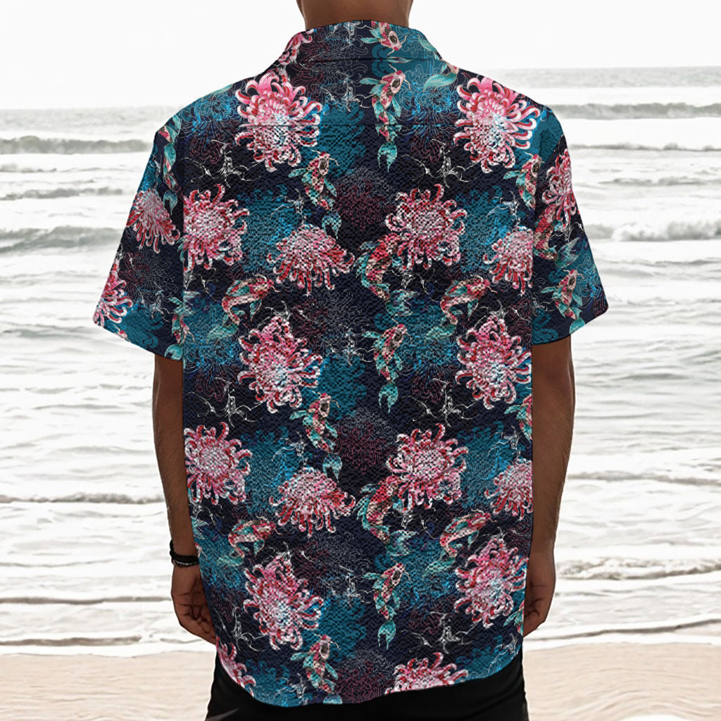 Japanese Koi And Chrysanthemums Print Textured Short Sleeve Shirt