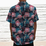 Japanese Koi And Chrysanthemums Print Textured Short Sleeve Shirt