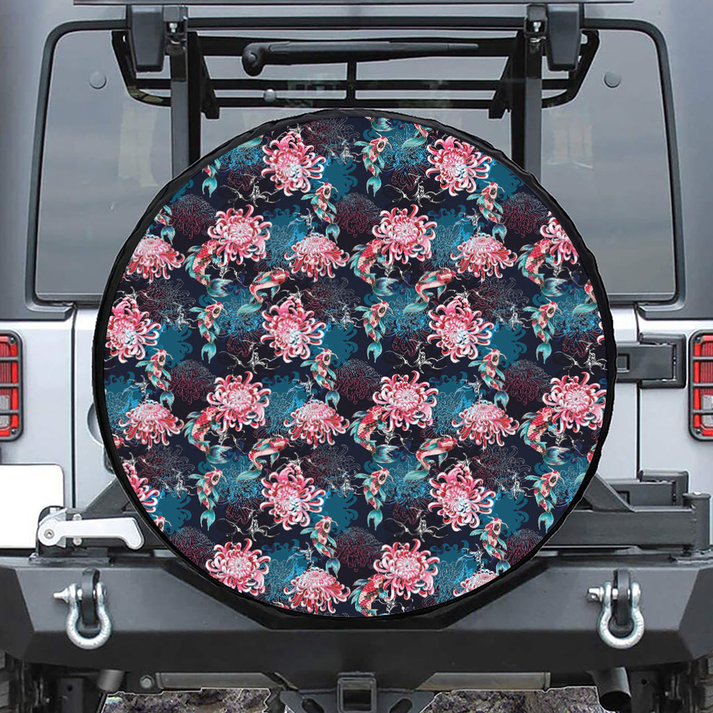 Japanese Koi And Chrysanthemums Print Tire Cover