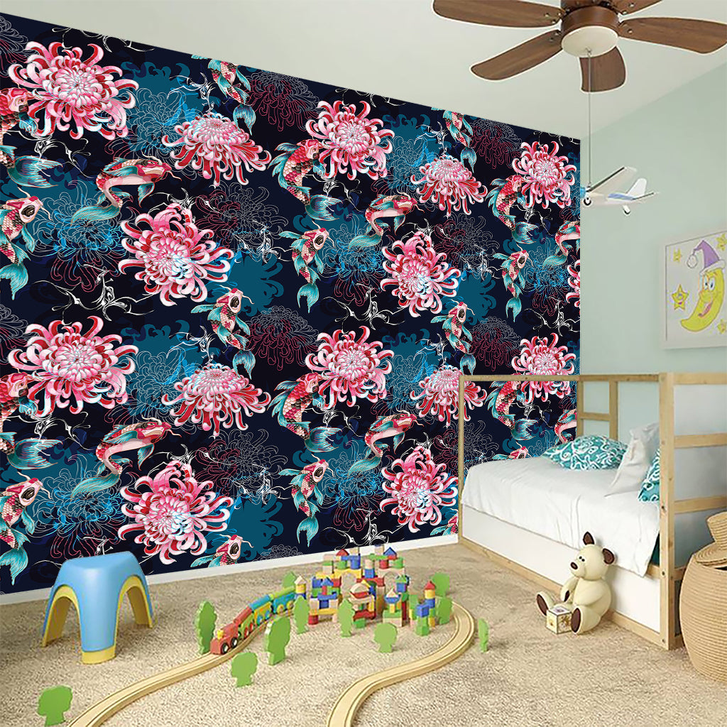 Japanese Koi And Chrysanthemums Print Wall Sticker