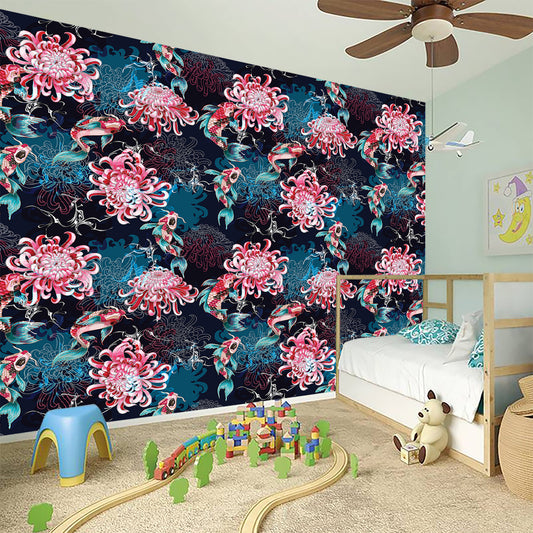 Japanese Koi And Chrysanthemums Print Wall Sticker