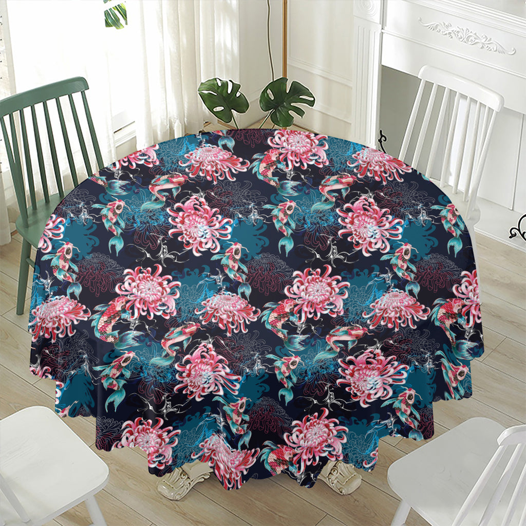 Japanese Koi And Chrysanthemums Print Waterproof Round Tablecloth