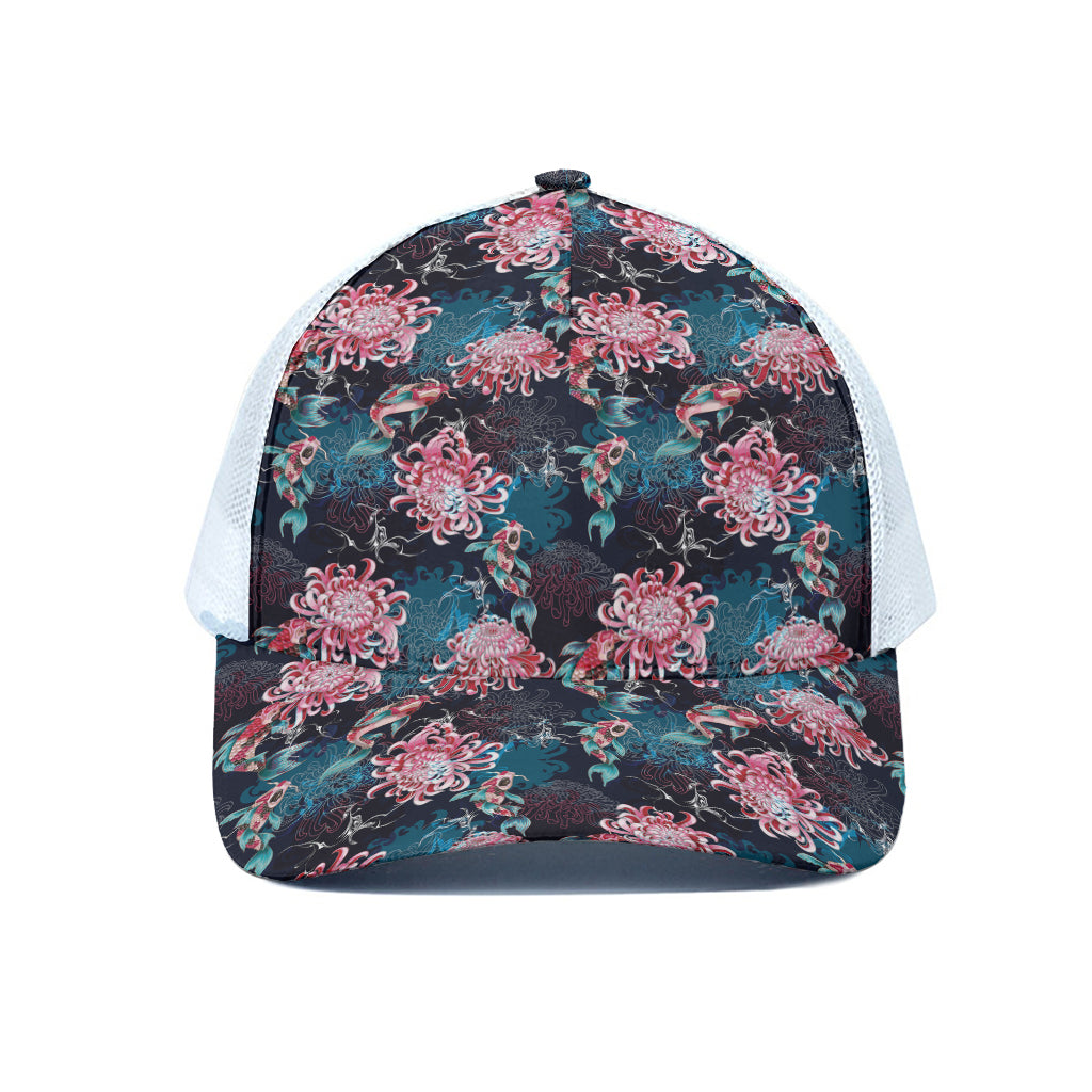 Japanese Koi And Chrysanthemums Print White Mesh Trucker Cap