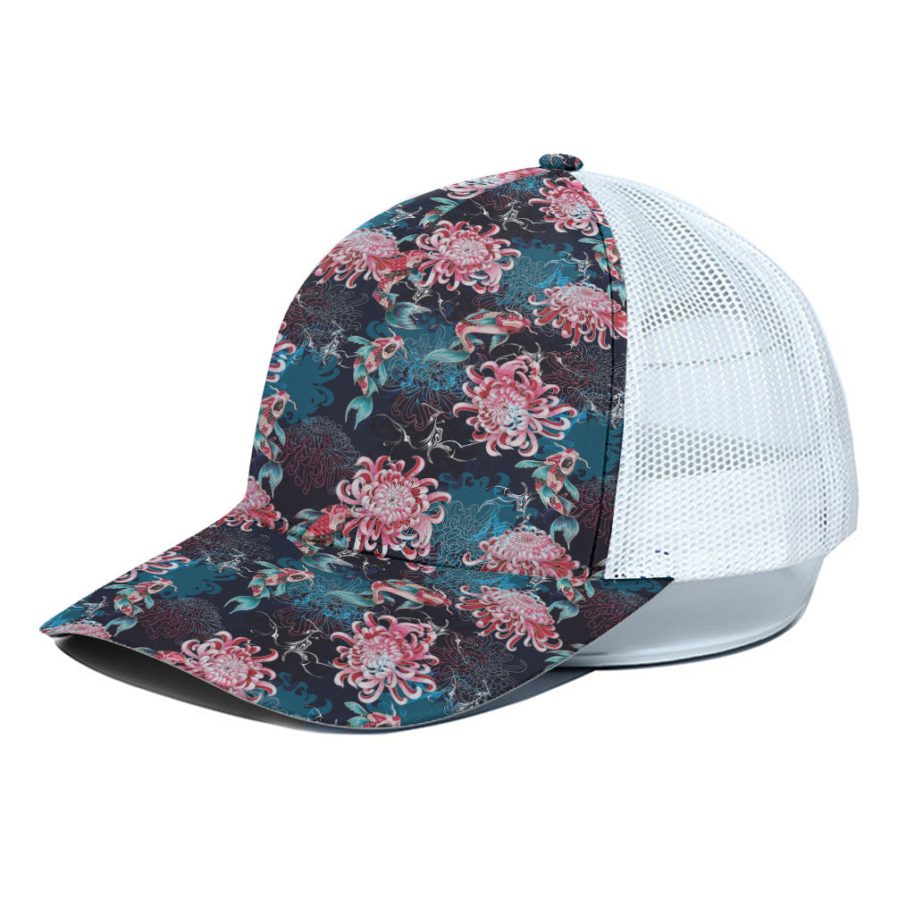 Japanese Koi And Chrysanthemums Print White Mesh Trucker Cap