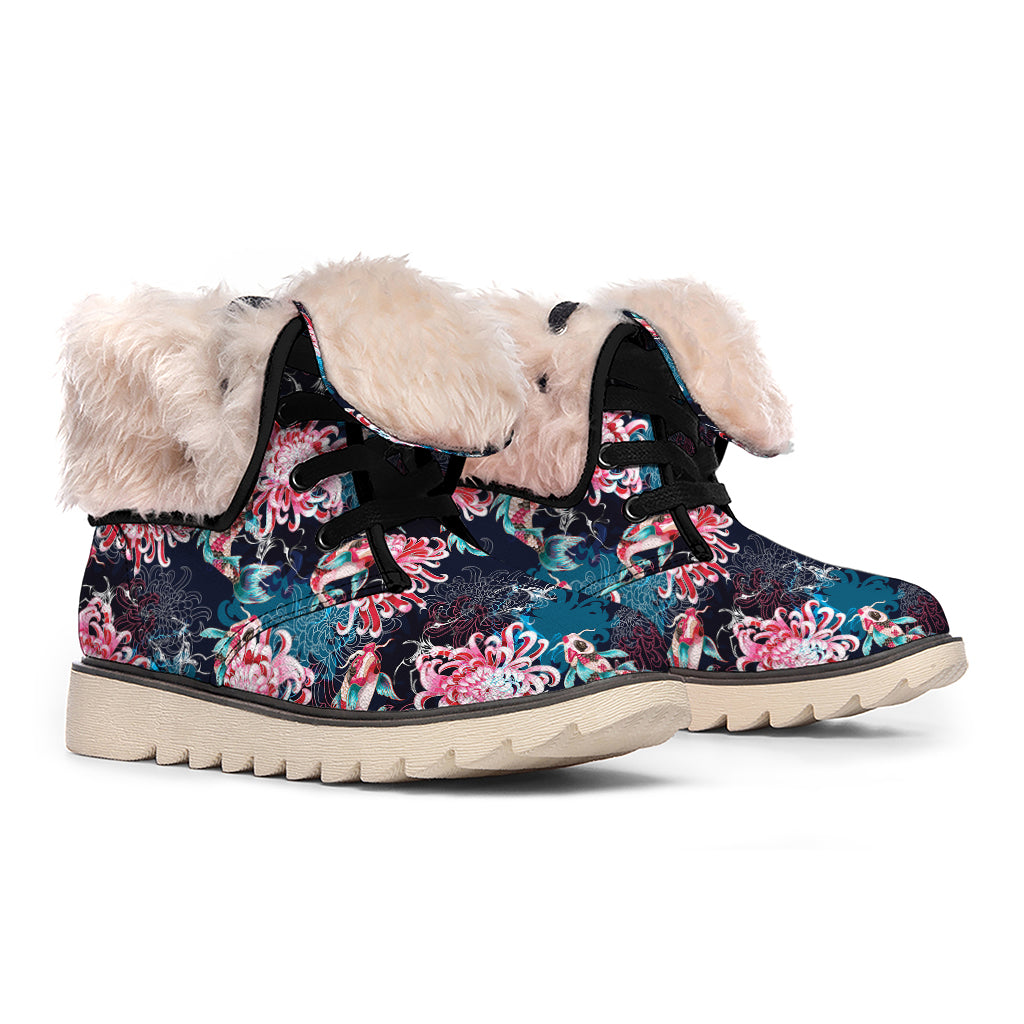 Japanese Koi And Chrysanthemums Print Winter Boots