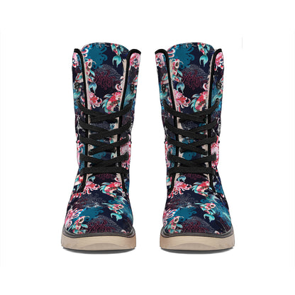 Japanese Koi And Chrysanthemums Print Winter Boots