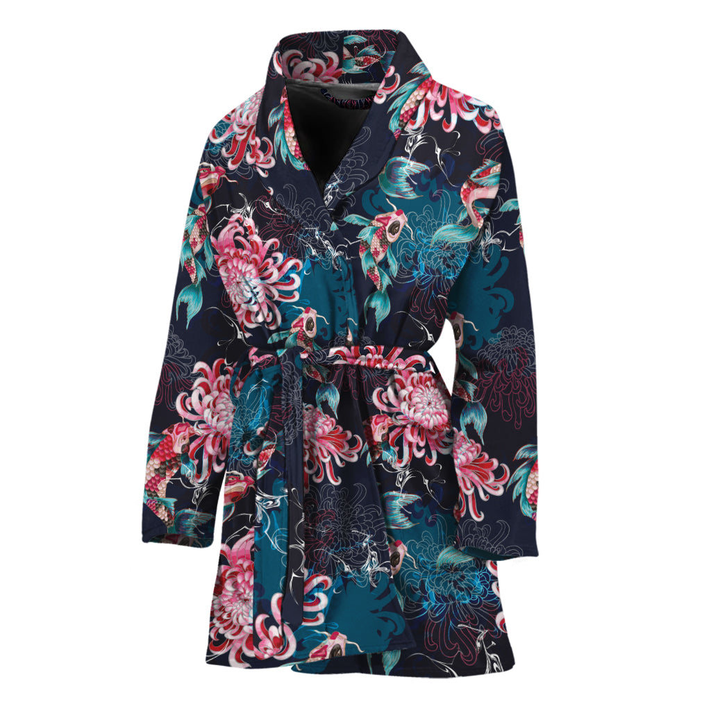 Japanese Koi And Chrysanthemums Print Women's Bathrobe