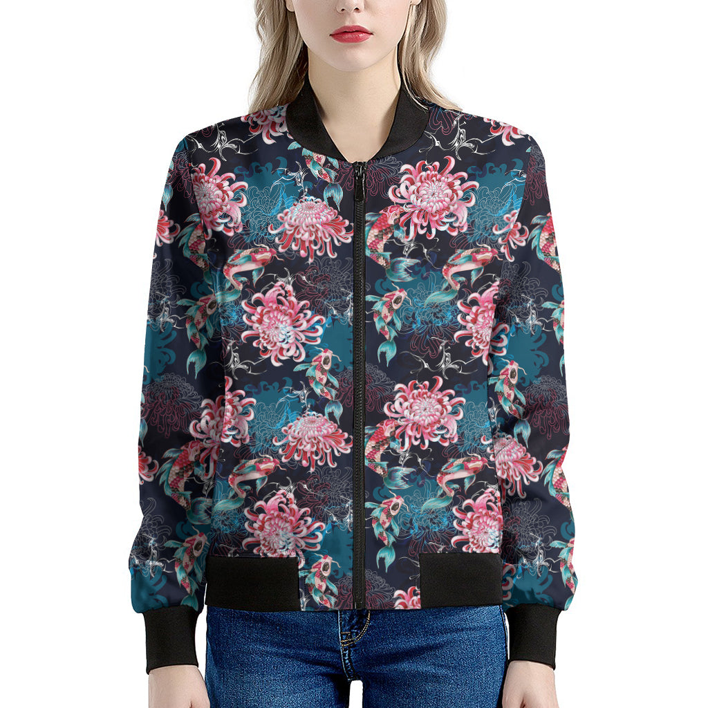 Japanese Koi And Chrysanthemums Print Women's Bomber Jacket