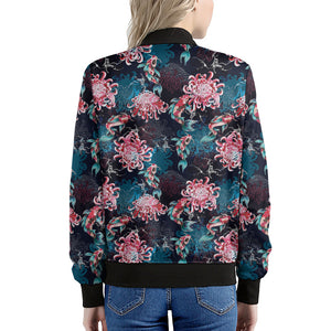 Japanese Koi And Chrysanthemums Print Women's Bomber Jacket