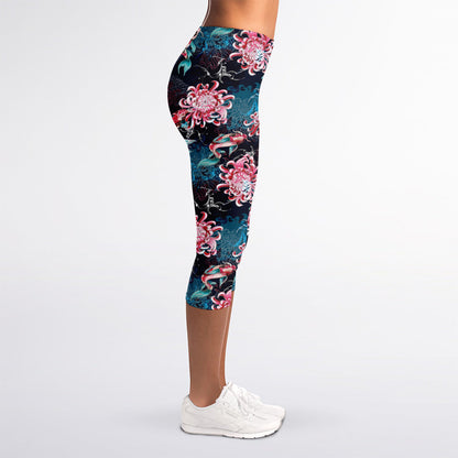 Japanese Koi And Chrysanthemums Print Women's Capri Leggings