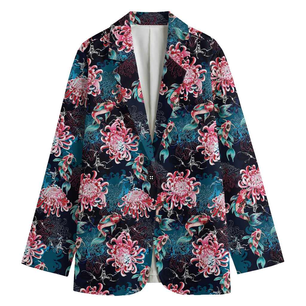 Japanese Koi And Chrysanthemums Print Women's Cotton Blazer