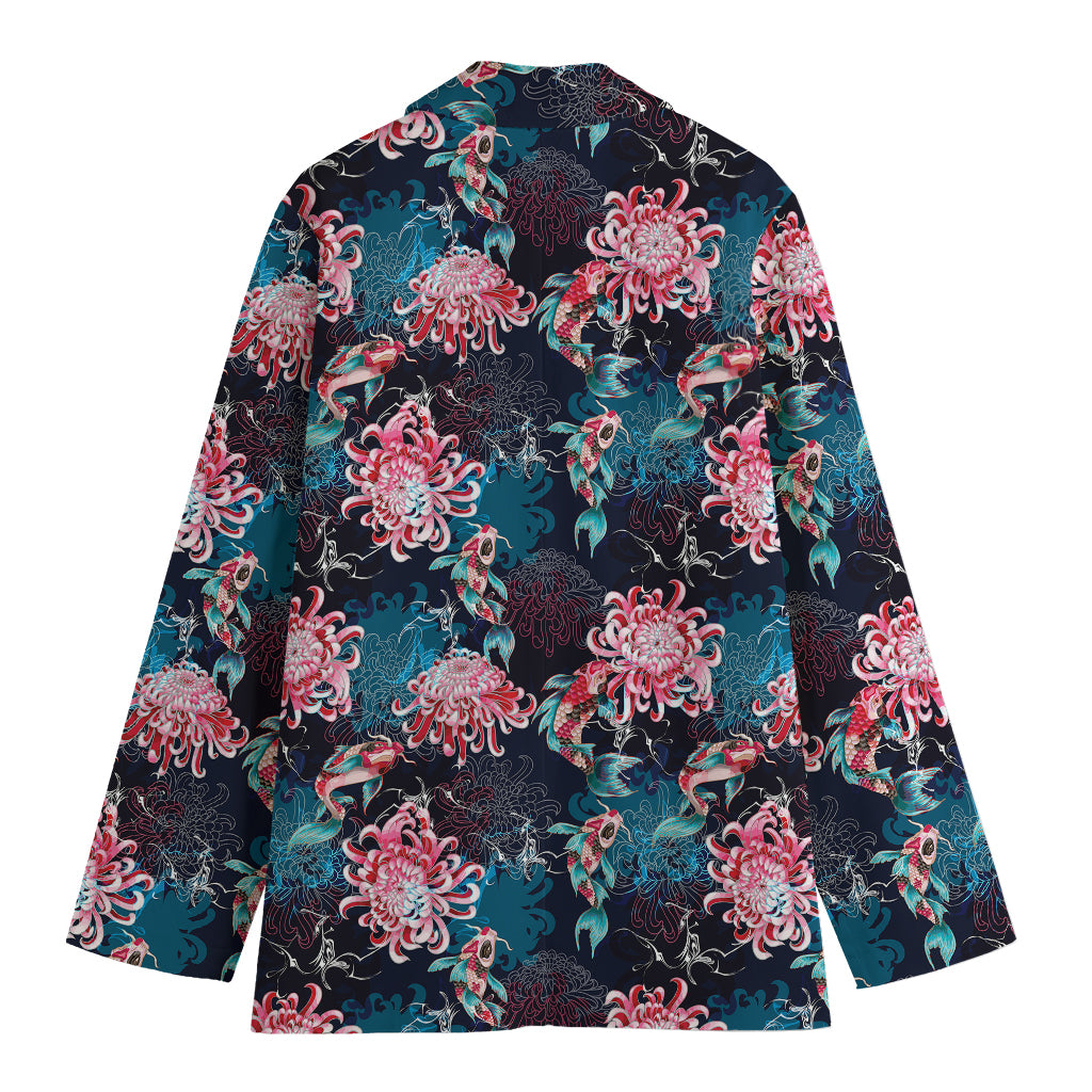 Japanese Koi And Chrysanthemums Print Women's Cotton Blazer