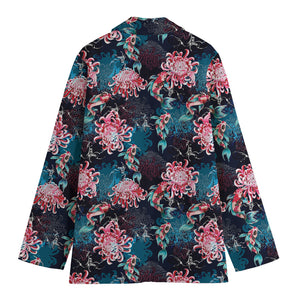 Japanese Koi And Chrysanthemums Print Women's Cotton Blazer