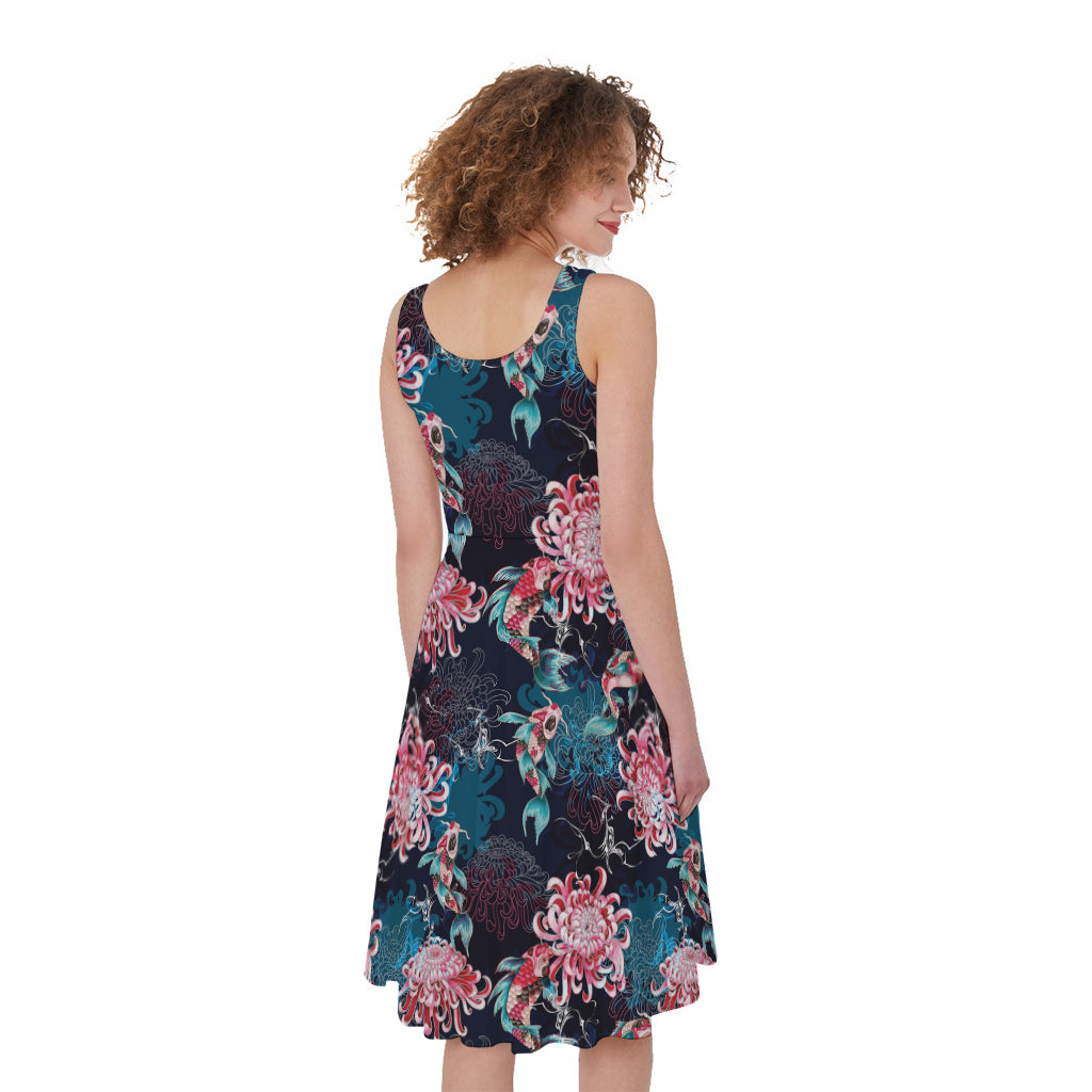 Japanese Koi And Chrysanthemums Print Women's Sleeveless Dress