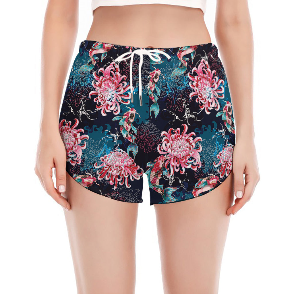 Japanese Koi And Chrysanthemums Print Women's Split Running Shorts