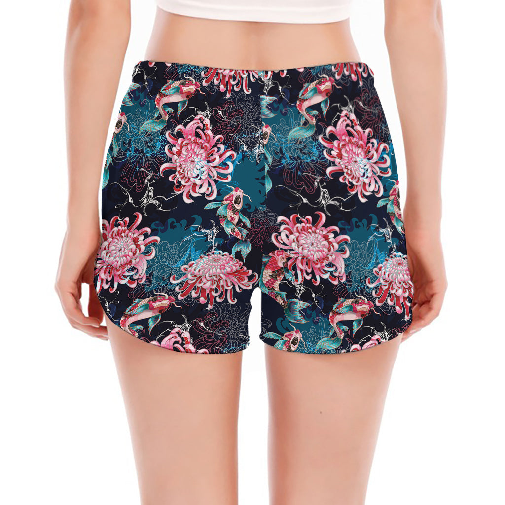 Japanese Koi And Chrysanthemums Print Women's Split Running Shorts