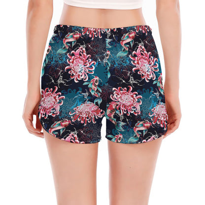 Japanese Koi And Chrysanthemums Print Women's Split Running Shorts