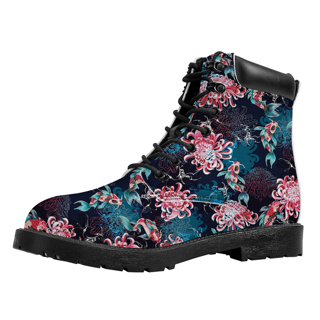 Japanese Koi And Chrysanthemums Print Work Boots