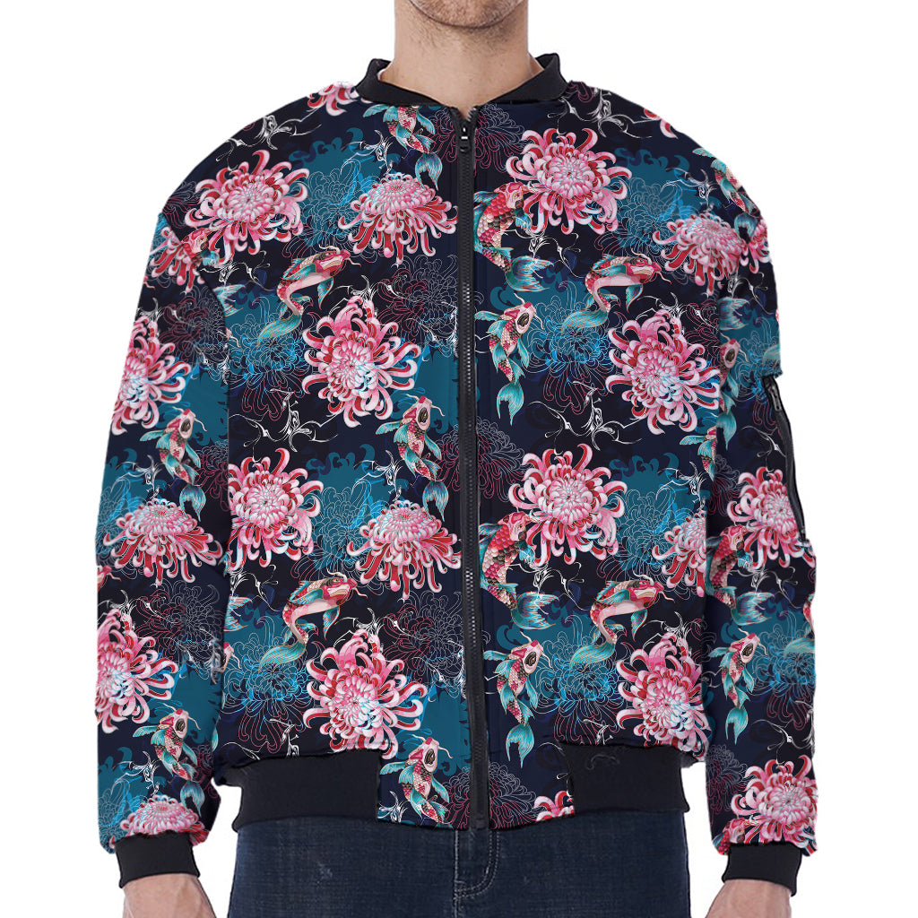 Japanese Koi And Chrysanthemums Print Zip Sleeve Bomber Jacket