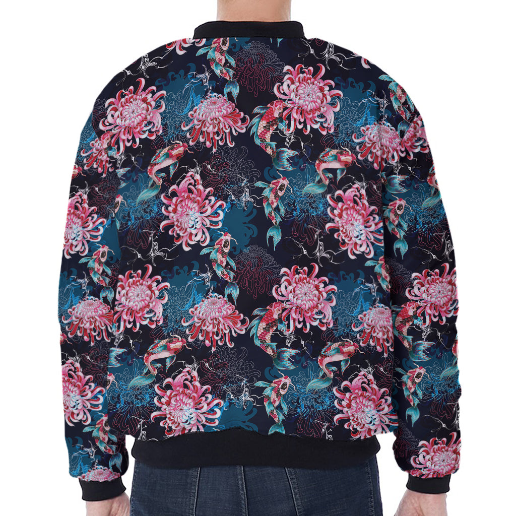 Japanese Koi And Chrysanthemums Print Zip Sleeve Bomber Jacket