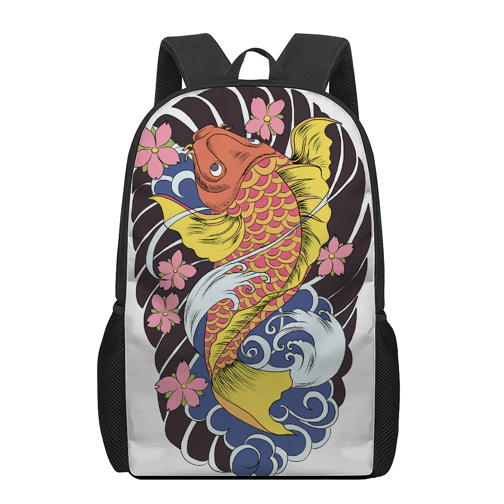 Japanese Koi And Flower Tattoo Print 17 Inch Backpack