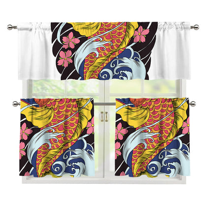 Japanese Koi And Flower Tattoo Print 3 Piece Kitchen Curtains