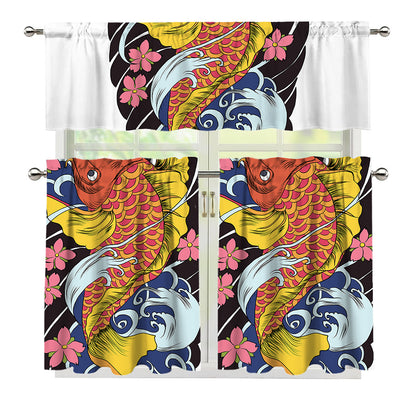 Japanese Koi And Flower Tattoo Print 3 Piece Kitchen Curtains