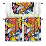 Japanese Koi And Flower Tattoo Print 3 Piece Kitchen Curtains