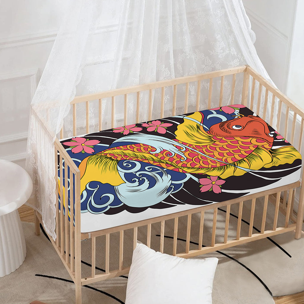 Japanese Koi And Flower Tattoo Print Baby Crib Sheet